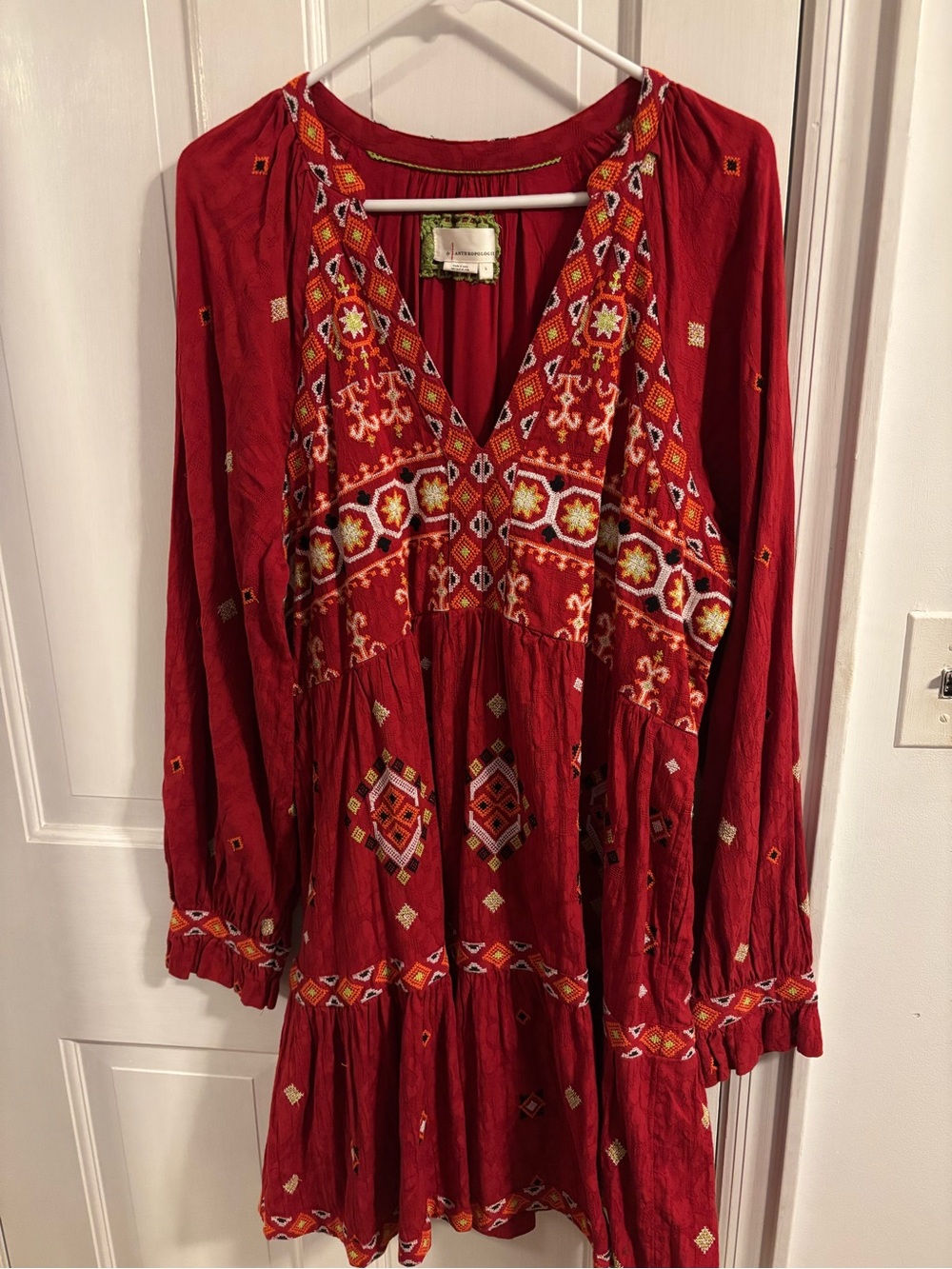 Anthropologie Deep Red Embroidered Long-Sleeve Dress